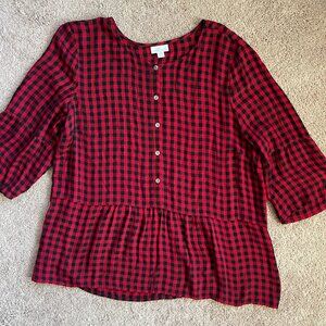 J Jill Buffalo Check Plaid Peplum Top Blouse 3/4 Sleeve Top Womens L Petite